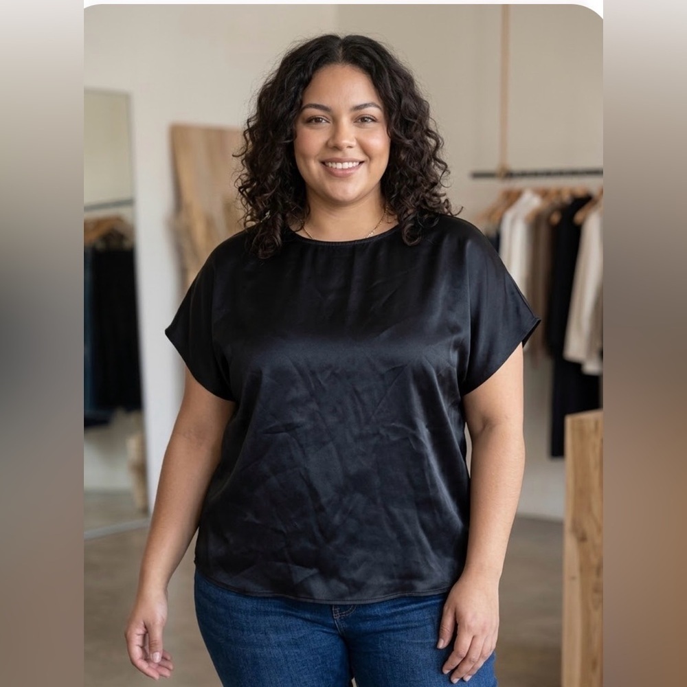Risky Business Vintage Black Satin Blouse | Size 2X/3X | Padded Shoulders